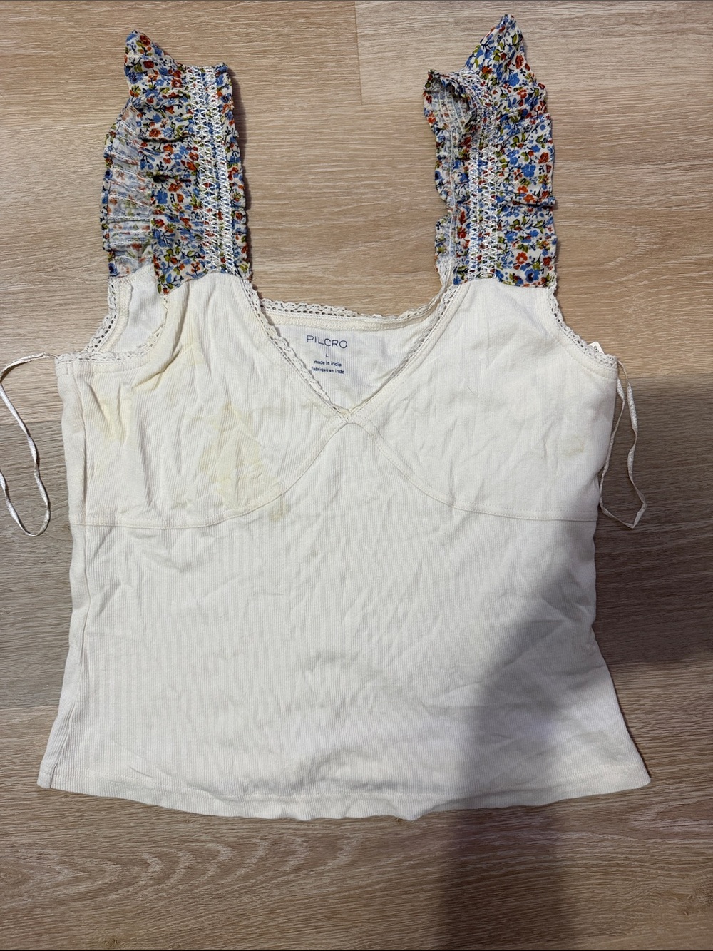 Pilcro Cream Tank with Floral Ruffle Straps